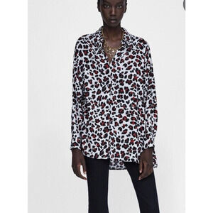 Zara Shirt Womens Small Red Black Leopard Print Oversized Flowy Tunic Top Baddie